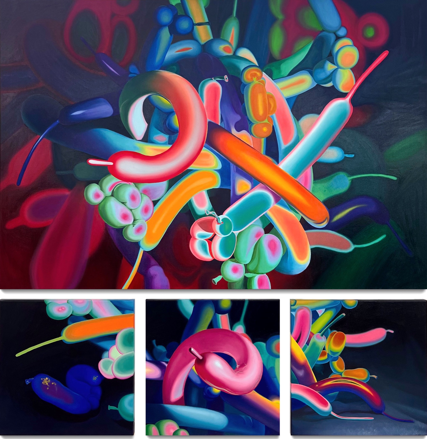 The series photographed together: one large horizontal canvas above three square canvases, all showing brightly coloured modelling balloons against a dark background.