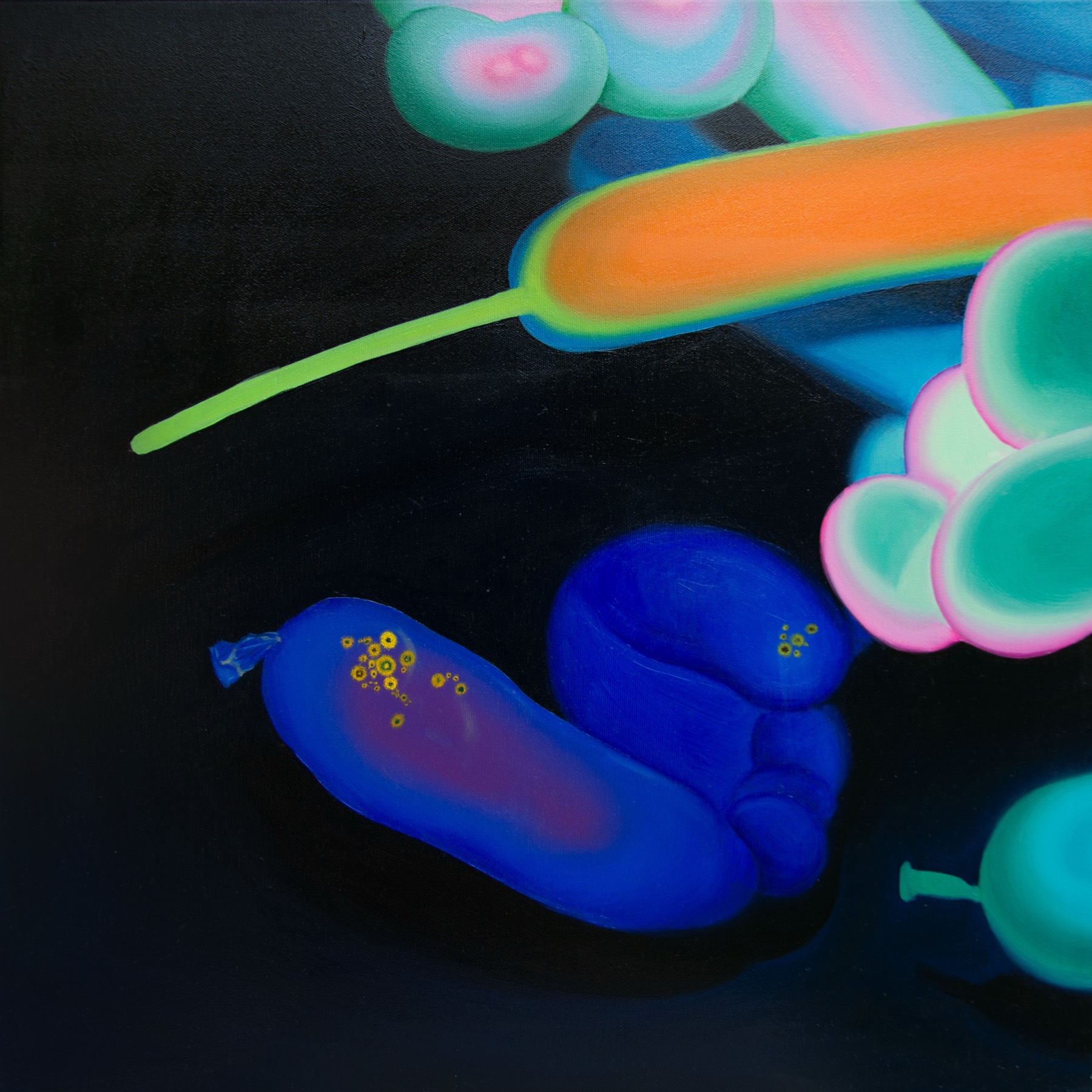 A square canvas: a long orange balloon with a thin green tail crosses the upper half, deep blue balloons speckled with small yellow flowers rest below, all against black.