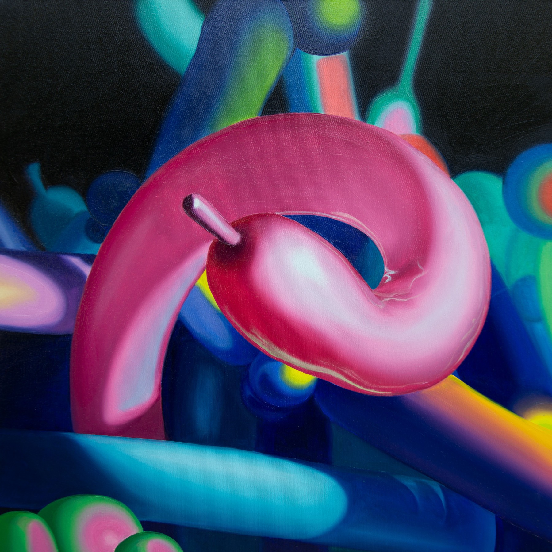 A square canvas: a crimson and pink balloon curled into a loop fills the centre, surrounded by blue, green and violet balloons against a black background.