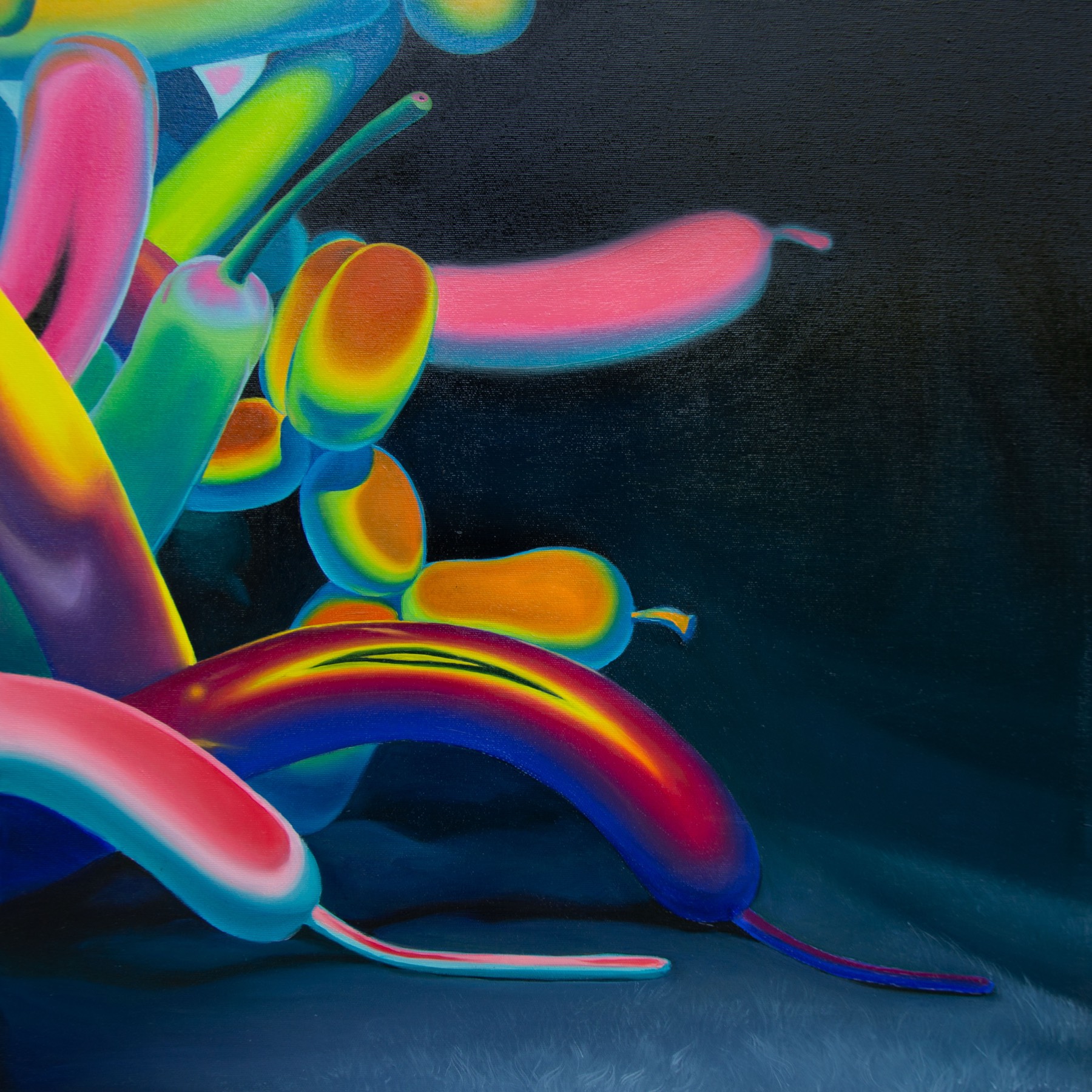 A square canvas: a fan of yellow, pink and green balloons opens from the left, an arched balloon shading from red to blue lies in front, resting on a pale surface.