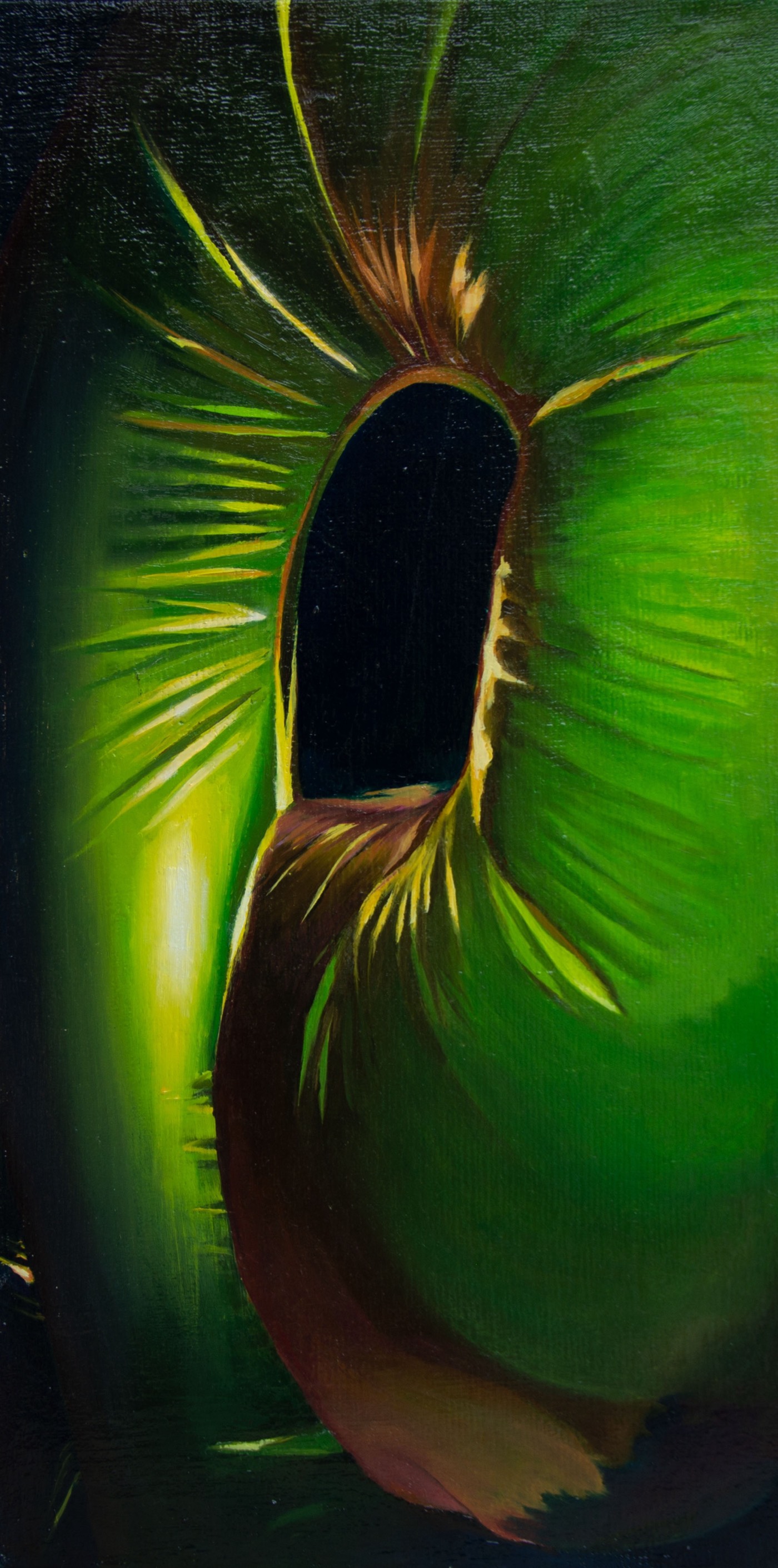 A tall narrow canvas: the neck of a green balloon opens into a dark hole, its torn edge lit yellow and brown against a deep green ground.