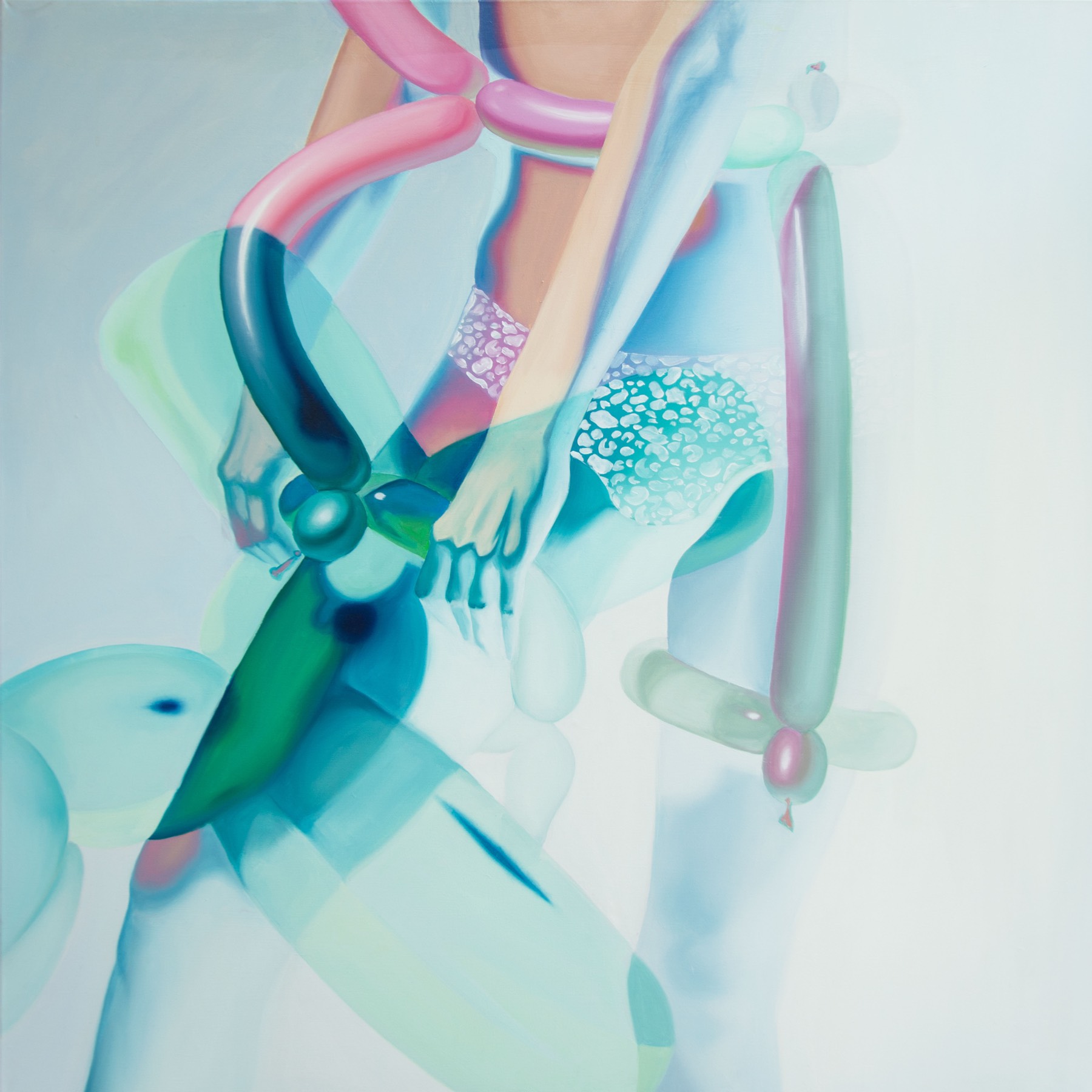 A square canvas in pale mint and white: a figure&rsquo;s torso, arm and hand dissolve among translucent balloon shapes, with a pink balloon curving across the top.