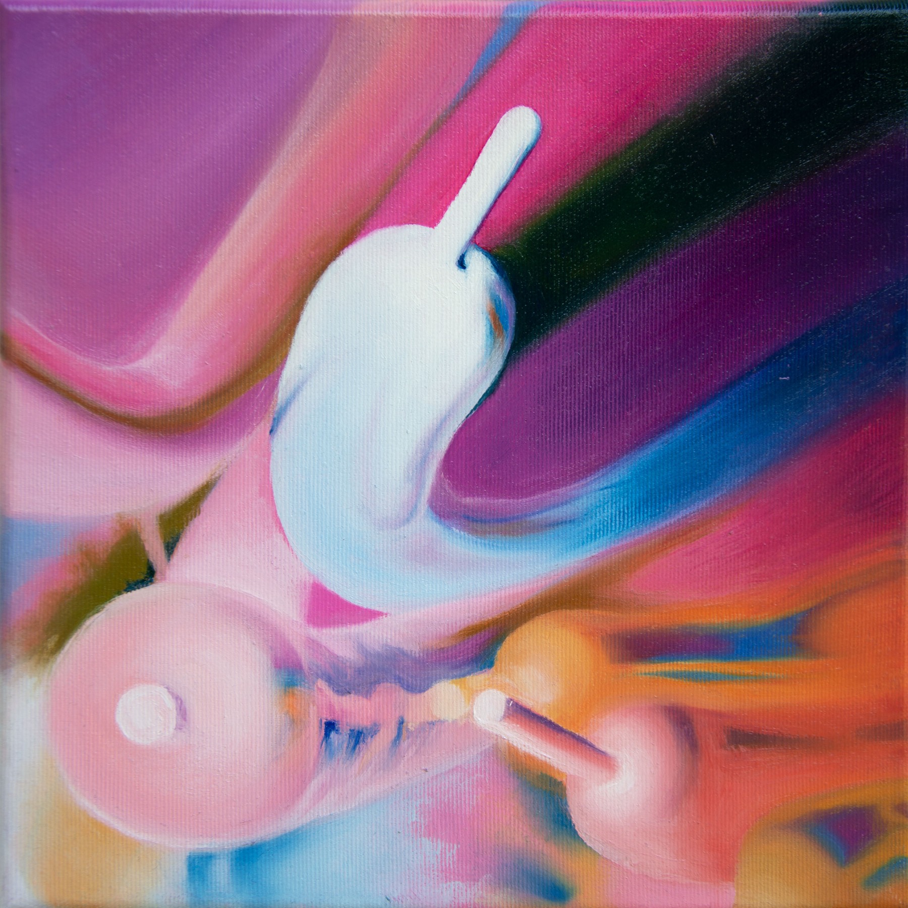 A small square canvas: a white balloon shape floats over a blurred field of pink, magenta, orange and blue, with paler balloons below.